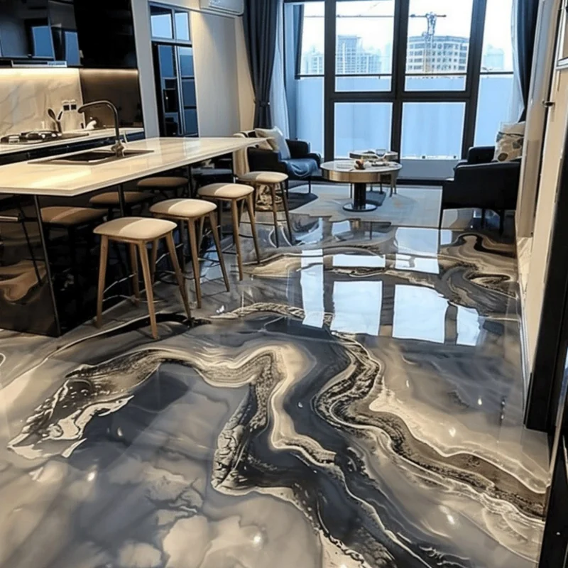 High-gloss marble effect epoxy flooring in a modern open-plan kitchen.