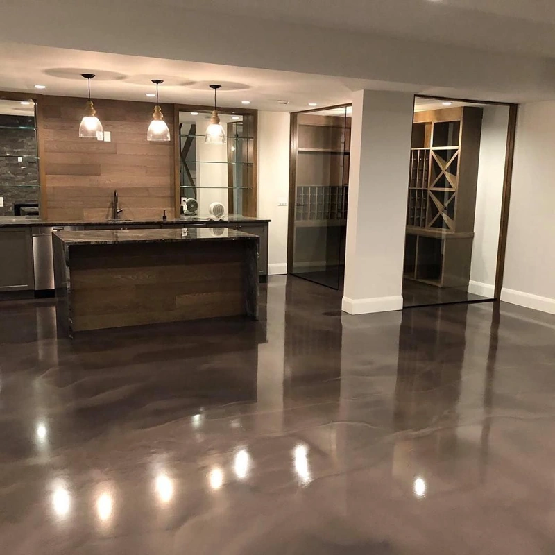 Modern bar with a high-gloss metallic epoxy floor