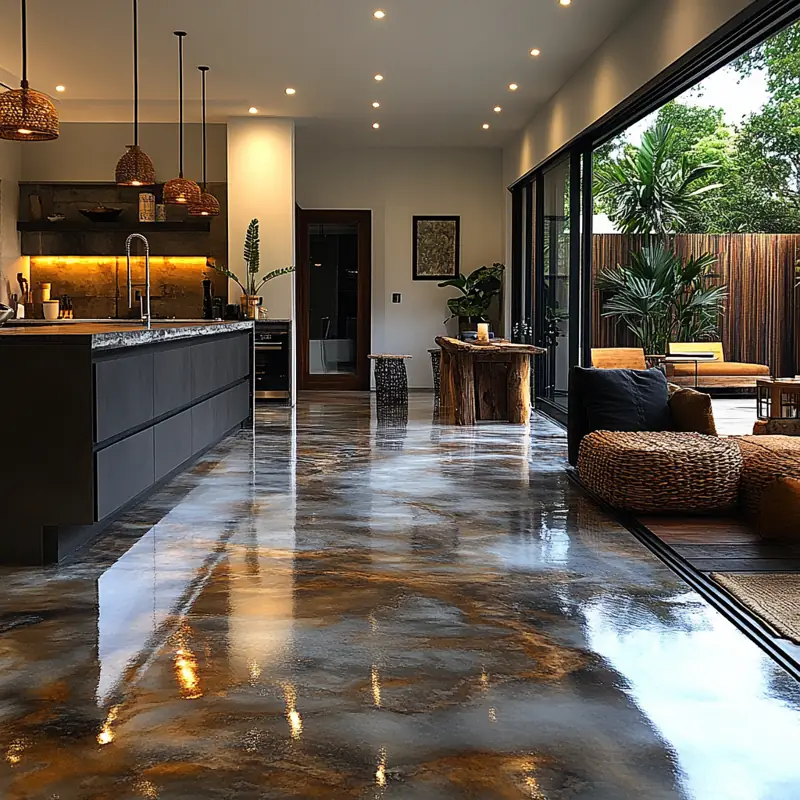 Polished metallic epoxy flooring with earth-toned swirls in a luxury kitchen.