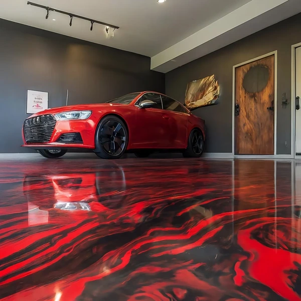 Red and black metallic epoxy garage floor with a red car.