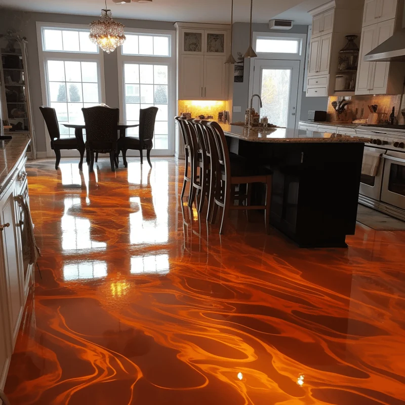 Vibrant orange metallic epoxy flooring with a high-gloss, lava-like finish.